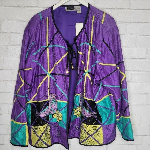 Maggie Barnes Vintage Purple Silk Patchwork Butterfly Open Cardigan - Picture 1 of 4